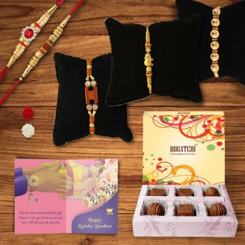 BOGATCHI 6 Chocolate Box 5 Rakhi Roli Chawal and Greeting Card B | Rakhi with Chocolates |  Rakhi Chocolates Gifts